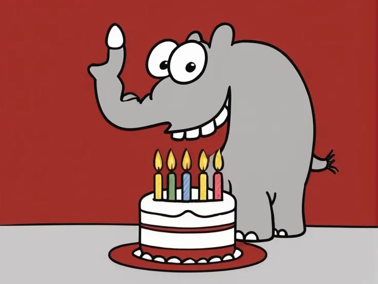 <lora:Ottifant_sdxl:0.7>  Ottifant , smiling, with a birthday cake, candles in shape of a 60