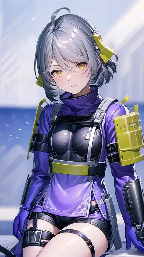 1girl, solo, grey hair, yellow eyes, gloves, short hair, shorts, ahoge, thigh strap, holster, closed mouth, armor, breasts, thigh holster, bangs, black gloves, cowboy shot, acaciasnowbreak, blue sky, sky background, beach, water, water splash, waves, <lora:AcaciaSnowbreakV1.0:0.9>, sitting, upper body, close up,