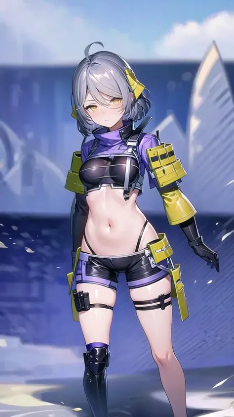 1girl, solo, grey hair, yellow eyes, gloves, short hair, shorts, ahoge, thigh strap, holster, closed mouth, armor, breasts, thigh holster, bangs, black gloves, cowboy shot, acaciasnowbreak, blue sky, sky background, beach, water, water splash, waves, <lora:AcaciaSnowbreakV1.0:0.9>, standing, sexy, nsfw, sexy position, sexy anatomy, full body,