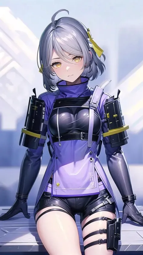 1girl, solo, grey hair, yellow eyes, gloves, short hair, shorts, ahoge, thigh strap, holster, closed mouth, armor, breasts, thigh holster, bangs, black gloves, cowboy shot, acaciasnowbreak, blue sky, sky background, clouds, <lora:AcaciaSnowbreakV1.0:0.9>, sitting