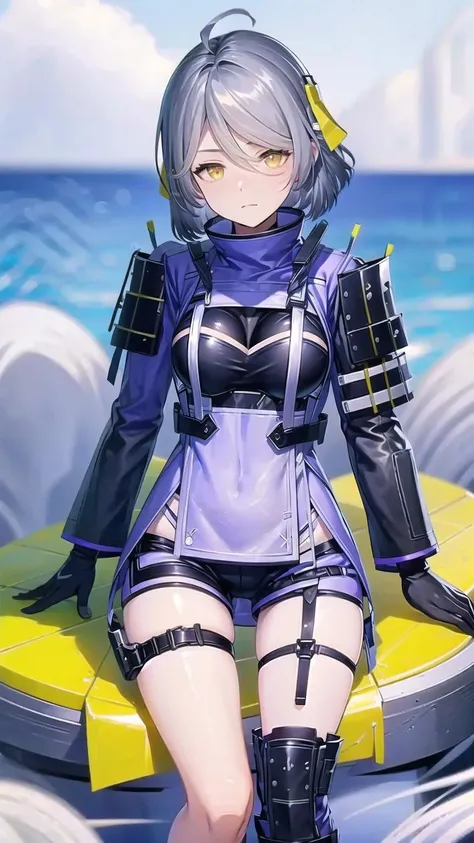 1girl, solo, grey hair, yellow eyes, gloves, short hair, shorts, ahoge, thigh strap, holster, closed mouth, armor, breasts, thigh holster, bangs, black gloves, cowboy shot, acaciasnowbreak, blue sky, sky background, beach, water, water splash, waves, <lora:AcaciaSnowbreakV1.0:0.9>, sitting