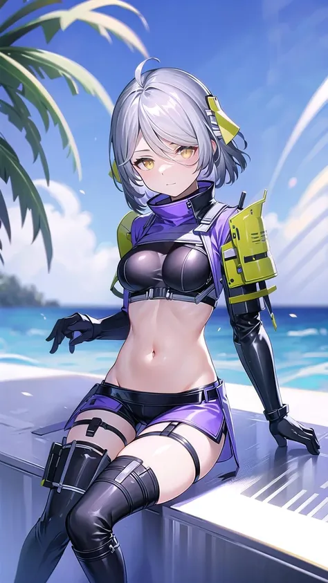 1girl, solo, grey hair, yellow eyes, gloves, short hair, shorts, ahoge, thigh strap, holster, closed mouth, armor, breasts, thigh holster, bangs, black gloves, cowboy shot, acaciasnowbreak, blue sky, sky background, beach, water, water splash, waves, <lora:AcaciaSnowbreakV1.0:0.9>, sitting, sitting down, legs spread, sexy, nsfw, sexy position, sexy anatomy, full body,