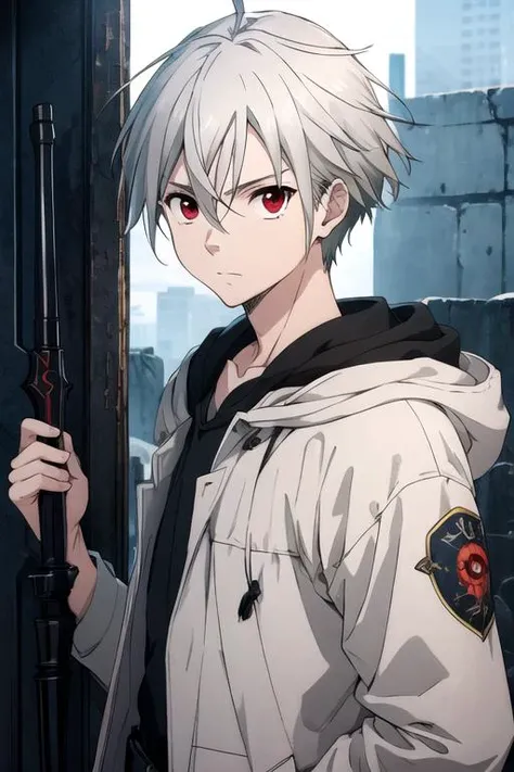 masterpiece, best quality, illustration, 1boy, solo, male focus, looking at viewer, upper body, depth of field, , realistic, <lora:yoshio_kobayashi:0.74>, yoshio_kobayashi, grey hair, red eyes, zombie hunter costume, The Tower of Shadows, 12k resolution