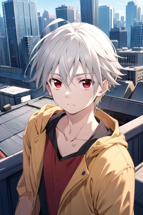 masterpiece, best quality, sketch, 1boy, solo, male focus, looking at viewer, upper body, , , realistic, <lora:yoshio_kobayashi:0.72>, yoshio_kobayashi, grey hair, red eyes, easter costume, rooftop,