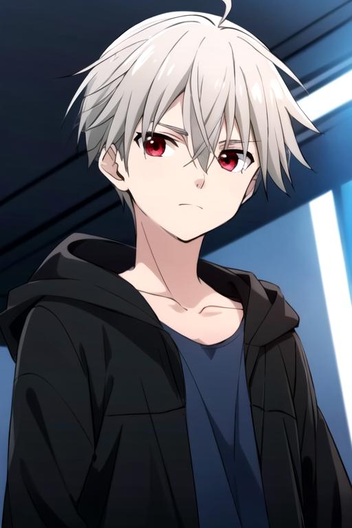 A man with white hair and red eyes standing in front of a window ...