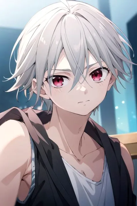 masterpiece, best quality, wallpaper, 1boy, solo, male focus, looking at viewer, upper body, depth of field, anime coloring, , <lora:yoshio_kobayashi:0.66>, yoshio_kobayashi, grey hair, red eyes, , , Blu-ray