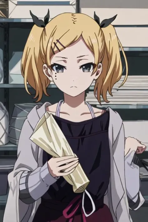 best quality, masterpiece, highres, solo, {yano_erika_shirobako:1.15}, blonde_hair, twintails, hair_ornament, hairclip, ribbon, mole, mole_under_eye, hair_ribbon, short_twintails, short_hair, grey_eyes, 1girl, looking_at_viewer