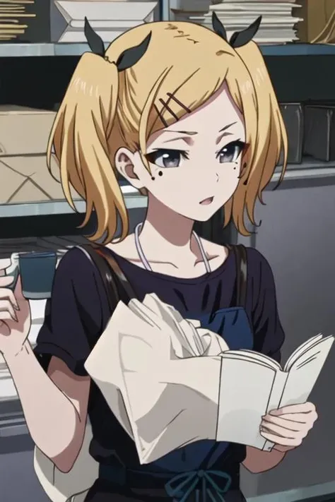 best quality, masterpiece, highres, solo, {yano_erika_shirobako:1.15}, blonde_hair, twintails, hair_ornament, hairclip, ribbon, mole, mole_under_eye, hair_ribbon, short_twintails, short_hair, grey_eyes