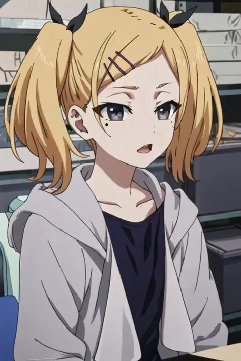 best quality, masterpiece, highres, solo, {yano_erika_shirobako:1.15}, blonde_hair, twintails, hair_ornament, hairclip, ribbon, mole, mole_under_eye, hair_ribbon, short_twintails, short_hair, grey_eyes, 1girl, closed_eyes, open_mouth