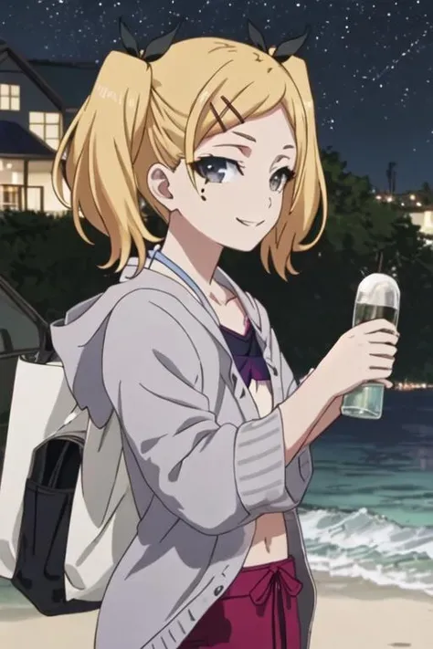best quality, masterpiece, highres, solo, {night:1.10}, {starry sky:1.10}, beach, beautiful detailed sky, {extremely detailed background:1.20}, {yano_erika_shirobako:1.15}, {standing:1.10}, looking at viewer, {bikini:1.30}, blonde_hair, twintails, hair_ornament, hairclip, ribbon, mole, mole_under_eye, hair_ribbon, short_twintails, short_hair, grey_eyes, light smile