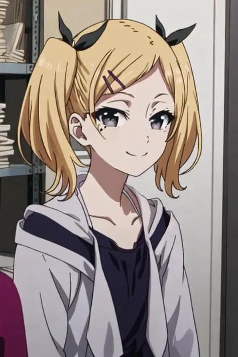 best quality, masterpiece, highres, solo, {yano_erika_shirobako:1.15}, blonde_hair, twintails, hair_ornament, hairclip, ribbon, mole, mole_under_eye, hair_ribbon, short_twintails, short_hair, grey_eyes, 1girl, smile, solo_focus, 1boy, anime_coloring, black_ribbon