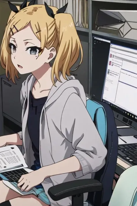 best quality, masterpiece, highres, solo, {yano_erika_shirobako:1.15}, blonde_hair, twintails, hair_ornament, hairclip, ribbon, mole, mole_under_eye, hair_ribbon, short_twintails, short_hair, grey_eyes, 1girl, chair, computer, from_behind, sitting, laptop, monitor