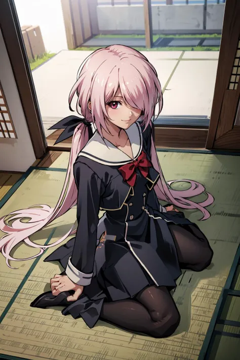 masterpiece, best quality, minamisawa senri, school uniform, black dress, looking at viewer, wariza, japanese architecture, house, smile, from above <lyco:minamisawaSenri-000020:1.0>