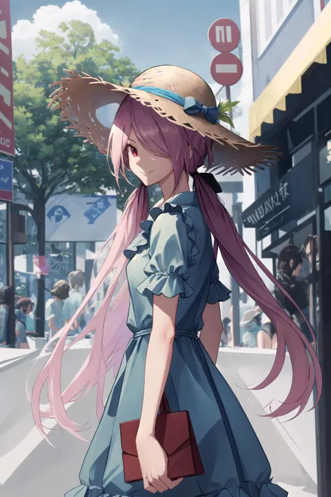 absurdres, best quality, masterpiece, 1girl, <lyco:minamisawaSenri-000020:1>, minamisawa senri, (blue dress), (summer dress), straw hat, outdoors, scenery, tree, smile, (from side:0.75)