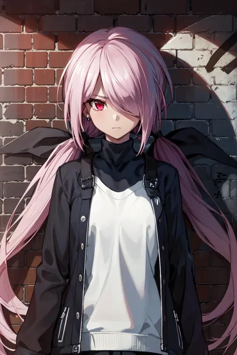 masterpiece, best quality, absurdres, perfect anatomy, 1girl, solo, minamisawa senri, earrings, sharp eyes, choker, neon shirt, open jacket, turtleneck sweater, night, against wall, brick wall, graffiti, dim lighting, alley, looking at viewer, <lyco:minamisawaSenri-000020:1.0>