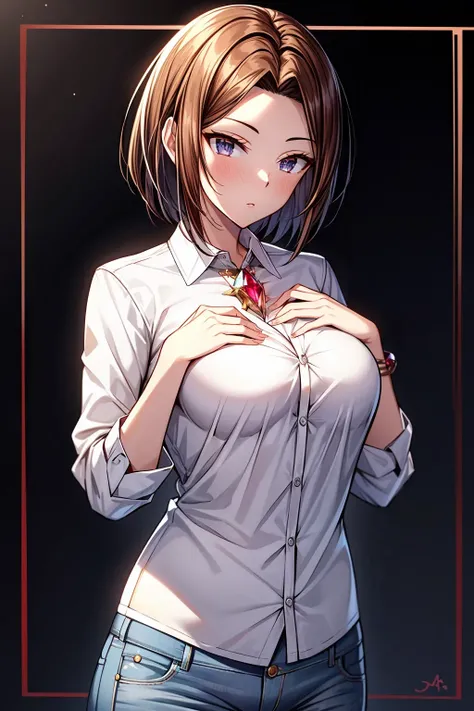 masterpiece, high quality, best quality, <lora:Jasmine:0.7> JsM, 1girl, mature female, <lora:EmbeddedJewel:0.7> EmbeddedJewel, chest jewel, red gemstone, soul gem, (white shirt, jeans), <lora:add_detail:1>, upper body, cowboy shot,