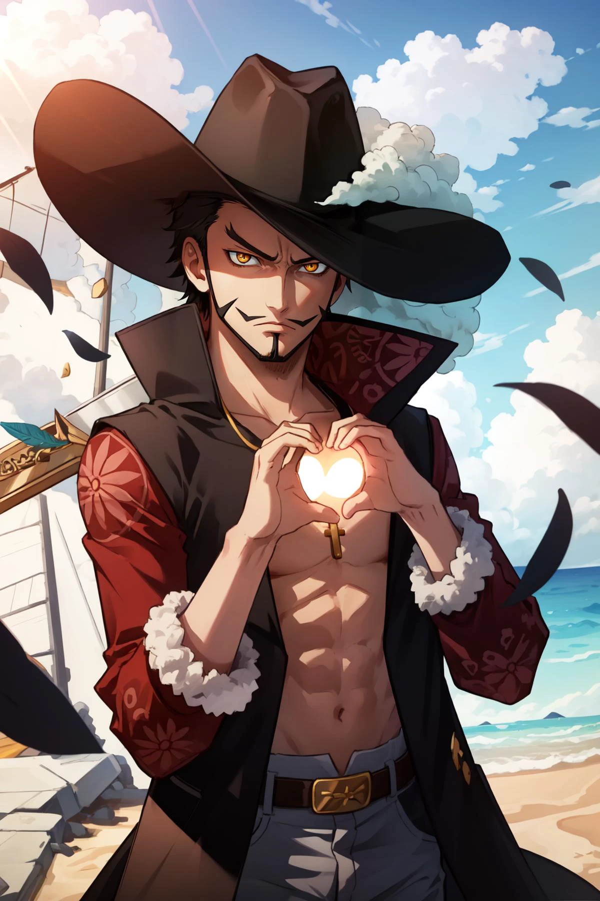 (masterpiece, best quality), intricate details,
1boy, <lora:ANIME_OP_dracule_mihawk_ownwaifu-10:0.8> ANIME_OP_dracule_mihawk_ownwaifu,www.ownwaifu.com,1boy,hat,facial hair,jewelry,beard,necklace,abs,black hair,yellow eyes,belt,mustache,coat,muscular,pants,pectorals,open clothes,cross,goatee,pirate hat,cross necklace,long sideburns,sideburns,cape,open coat,bare pectorals,short hair,black headwear,pendant,spiked hair,manly,toned,fur trim,stubble,latin cross,long coat,navel,jacket,open_jacket,topless male,hat_feather,white_pants,thick_eyebrows,yoru_(sword)
making a heart with hands, frown, annoyed, concrete pier, ocean, sun,