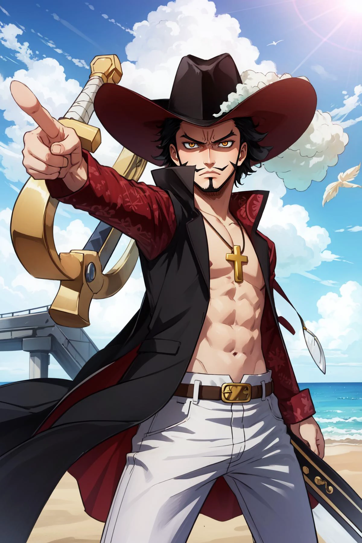 (masterpiece, best quality), intricate details,
1boy, <lora:ANIME_OP_dracule_mihawk_ownwaifu-10:0.8> ANIME_OP_dracule_mihawk_ownwaifu,www.ownwaifu.com,1boy,hat,facial hair,jewelry,beard,necklace,abs,black hair,yellow eyes,belt,mustache,coat,muscular,pants,pectorals,open clothes,cross,goatee,pirate hat,cross necklace,long sideburns,sideburns,cape,open coat,bare pectorals,short hair,black headwear,pendant,spiked hair,manly,toned,fur trim,stubble,latin cross,long coat,navel,jacket,open_jacket,topless male,hat_feather,white_pants,thick_eyebrows,yoru_(sword)
pointing, frown, annoyed, concrete pier, ocean, sun,
