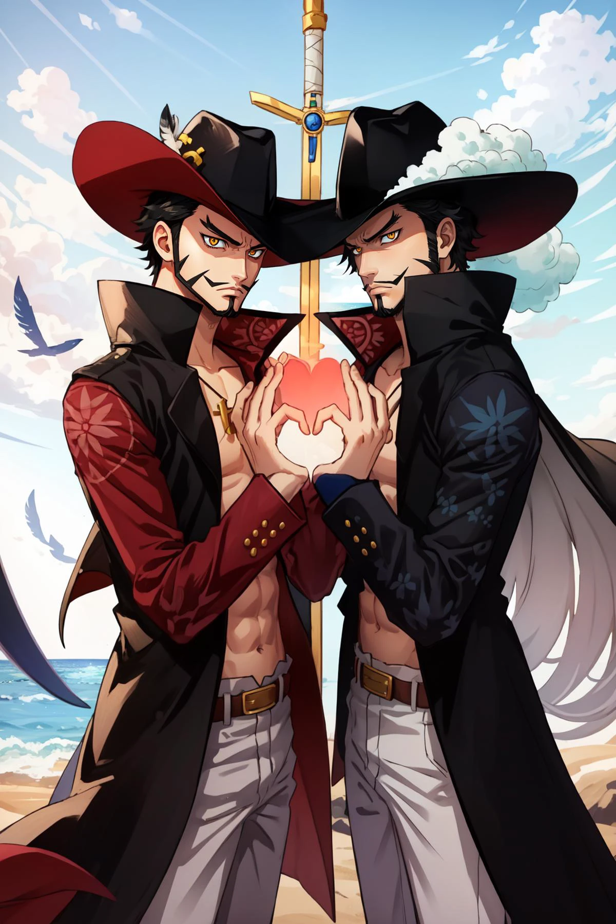 (masterpiece, best quality), intricate details,
2boys, <lora:ANIME_OP_dracule_mihawk_ownwaifu-10:0.8> ANIME_OP_dracule_mihawk_ownwaifu,www.ownwaifu.com,1boy,hat,facial hair,jewelry,beard,necklace,abs,black hair,yellow eyes,belt,mustache,coat,muscular,pants,pectorals,open clothes,cross,goatee,pirate hat,cross necklace,long sideburns,sideburns,cape,open coat,bare pectorals,short hair,black headwear,pendant,spiked hair,manly,toned,fur trim,stubble,latin cross,long coat,navel,jacket,open_jacket,topless male,hat_feather,white_pants,thick_eyebrows,yoru_(sword)
making a heart with hands, frown, annoyed, concrete pier, ocean, sun,