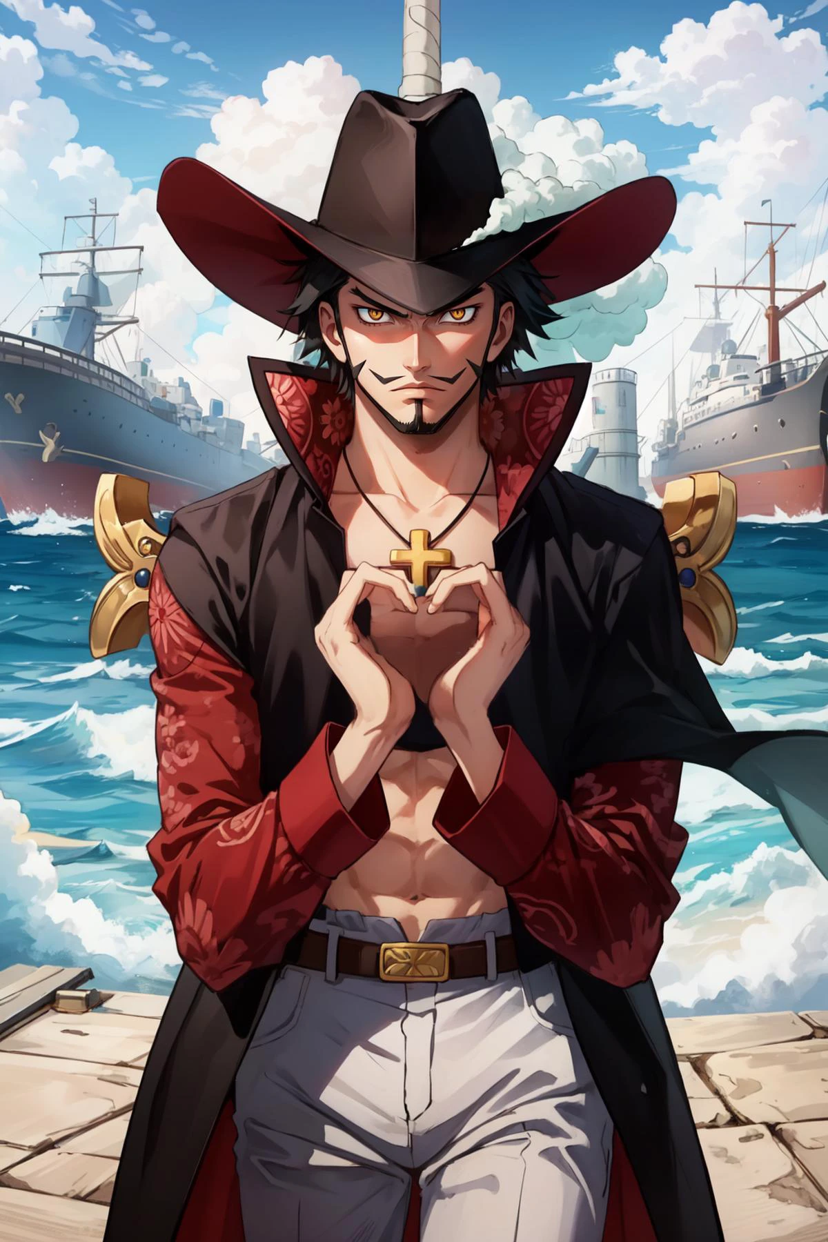 (masterpiece, best quality), intricate details,
1boy, <lora:ANIME_OP_dracule_mihawk_ownwaifu-10:0.8> ANIME_OP_dracule_mihawk_ownwaifu,www.ownwaifu.com,1boy,hat,facial hair,jewelry,beard,necklace,abs,black hair,yellow eyes,belt,mustache,coat,muscular,pants,pectorals,open clothes,cross,goatee,pirate hat,cross necklace,long sideburns,sideburns,cape,open coat,bare pectorals,short hair,black headwear,pendant,spiked hair,manly,toned,fur trim,stubble,latin cross,long coat,navel,jacket,open_jacket,topless male,hat_feather,white_pants,thick_eyebrows,yoru_(sword)
making a heart with hands, frown, pirate ship, ship deck, ship mast, sailing,