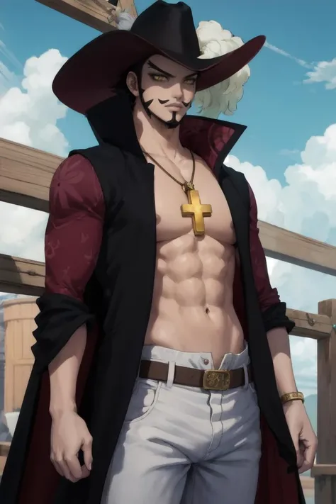 masterpiece, best quality, highres, scenery, <lora:ANIME_OP_dracule_mihawk_ownwaifu:0.8>
ANIME_OP_dracule_mihawk_ownwaifu,www.ownwaifu.com,1boy,hat,facial hair,jewelry,beard,necklace,abs,black hair,yellow eyes,belt,mustache,coat,muscular,pants,pectorals,open clothes,cross,goatee,pirate hat,cross necklace,long sideburns,sideburns,cape,open coat,bare pectorals,short hair,black headwear,pendant,spiked hair,manly,toned,fur trim,stubble,latin cross,long coat,navel,jacket,open_jacket,topless male,hat_feather,white_pants,thick_eyebrows,