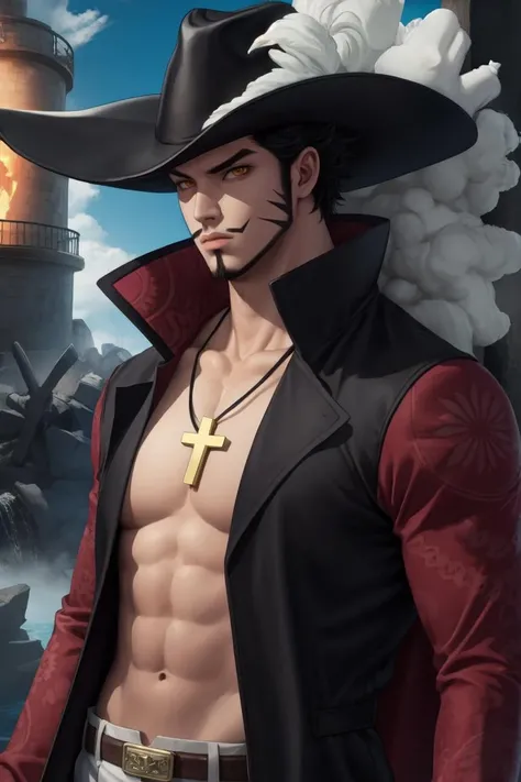 absurdres, highres, ultra detailed, HDR, master piece, best quality, extremely detailed, Dracule Mihawk, black hair, expressive red eyes, One Piece, solo, sexy man, handsome, wide-brimmed black hat decorated with a large plume, open black coat with a red velvet inside, without shirt, red flower-patterned sleeves, close up, cross necklace, solo, sexy man, handsome, close up, cross, red butterflies, petals, magical, red roses, fantasy, red water, starry sky
