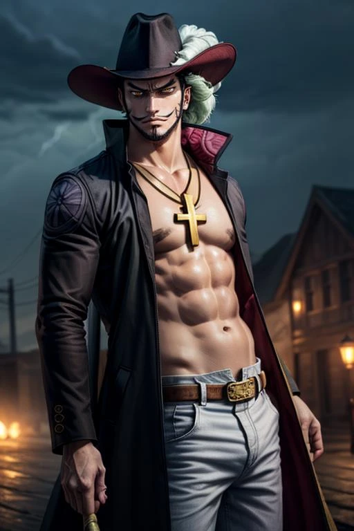 (((scowl))), (comic style poster), 1man, dark scene, (cowboy shot of ANIME_OP_dracule_mihawk_ownwaifu), athletic, scenery, solo, 
,www.ownwaifu.com,1boy,hat,facial hair,jewelry,beard,necklace,abs,black hair,yellow eyes,belt,mustache,coat,muscular,pants,pectorals,open clothes,cross,goatee,pirate hat,cross necklace,long sideburns,sideburns,cape,open coat,bare pectorals,short hair,black headwear,pendant,spiked hair,manly,toned,fur trim,stubble,latin cross,long coat,navel,jacket,open_jacket,topless male,hat_feather,white_pants,thick_eyebrows,
(long flowing cape), night, outdoors, rain, serious, dark atmosphere, lightning, detailed background, (art by Frank Miller), ((empty hands)), masterpiece, moody, (realistic:1.3), muscular:1.2, perfect lighting, perfect shading, (realistic fabric texture), volumetric shading, subsurface scattering, hyperrealistic, dynamic pose, dynamic movement, (photorealistic:1.5),  <lora:more_details:0.5>, ((empty hands))
 <lora:ANIME_OP_dracule_mihawk_ownwaifu:1>