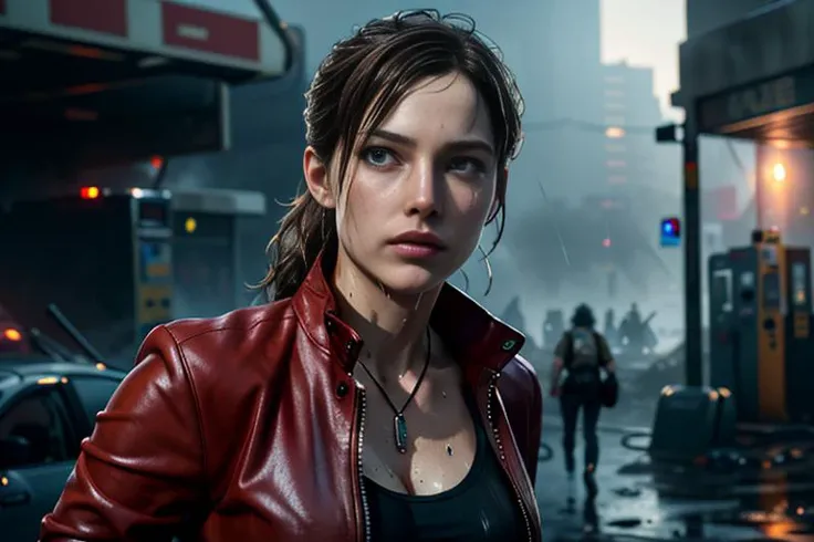 claired, (((resident_evil))), <lora:sxz-claired-new:0.5>, <lora:strankorbensen:0.3> (running), (wet), intricate, masterpiece, best quality, highly detailed, brown hair, <lora:3DMM_V12:0.3> , (action scene), (breasts_apart:1.2), (((sweat))), groin, ((fire)), (scared), (tears), leather jacket, open_jacket, jeans, ((downblouse)), injury, blood, ponytail, fingerless_gloves, ((boots)), (unzipped), cleavage, ((wet_hair)), ((gas station)), rubble, rocks, destruction, ((crashed airplane)), (apocalypse), (zombie horde in background), city street, burned car, dreamlikeart, freckles, nostalgia, sexy, Atey Ghailan, Studio Ghibli, by Jeremy Mann, Greg Manchess, Antonio Moro, trending on ArtStation, trending on CGSociety, Intricate, High Detail, Sharp focus, dramatic, photorealistic painting art by midjourney and greg rutkowski, asymmetrical_hair, fog, sweat, exhaustion, small breasts, absurdres, wet_hair, enormous hair, messy hair, hair_over_one_eye , 1girl, small fine sweat, wet, wide hips, messy_hair, thick_eyebrows, brown eyebrows, thick_lips, long_hair, head_tilt, depth of field, dynamic pose, dramatic angle, unreal engine, 8k, highly detailed, unreal engine, photo, photorealistic, hyperrealistic, cinematic lighting, cinematic composition, beautiful lighting, sharp, details, hdr, 4k,