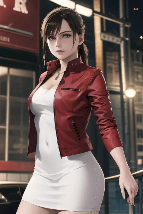 beautiful, masterpiece, best quality, extremely detailed face, perfect lighting, 1girl, solo, cowboy shot, <lora:sxz-claired-new:0.7>, claired, red jacket, white tight dress, night city