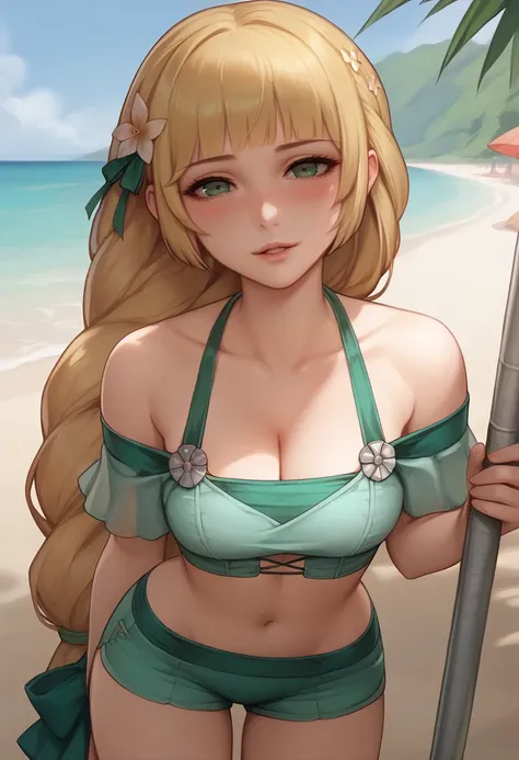 score_9, score_8_up, score_8_up, source_anime BREAK 1girl, solo, <lora:ingrid-pdxl-nvwls-v1:1>sumingrid, bangs, hair flower, hair ornament, braided ponytail, cleavage, green bikini, off-shoulder, green shorts, green bow, beach, outdoors, <lora:kittew-artist-richy-v1_pdxl:1> parted lips, naughty face, blush, looking at viewer, standing