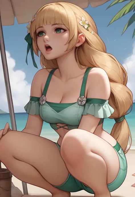 score_9, score_8_up, score_8_up, source_anime BREAK 1girl, solo, <lora:ingrid-pdxl-nvwls-v1:1>sumingrid, bangs, hair flower, hair ornament, braided ponytail, cleavage, green bikini, off-shoulder, green shorts, green bow, squatting, beach, outdoors, <lora:kittew-artist-richy-v1_pdxl:1> open mouth, cleavage