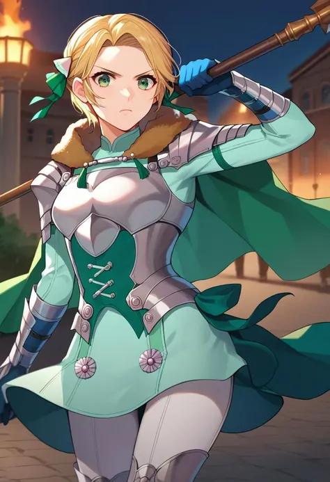 score_9, score_8_up, score_7_up, source_anime, thigh up, 1girl, looking at viewer, determined, holding spear, <lora:ingrid-pdxl-nvwls-v1:1> warIngrid, short hair, hair ribbons, shoulder armor, armor, breastplate, underbust, green coat, fur trim, vambraces, blue gloves, green cape, green skirt, white pants, cinematic, outdoors, horizon, night, city burning in the distance