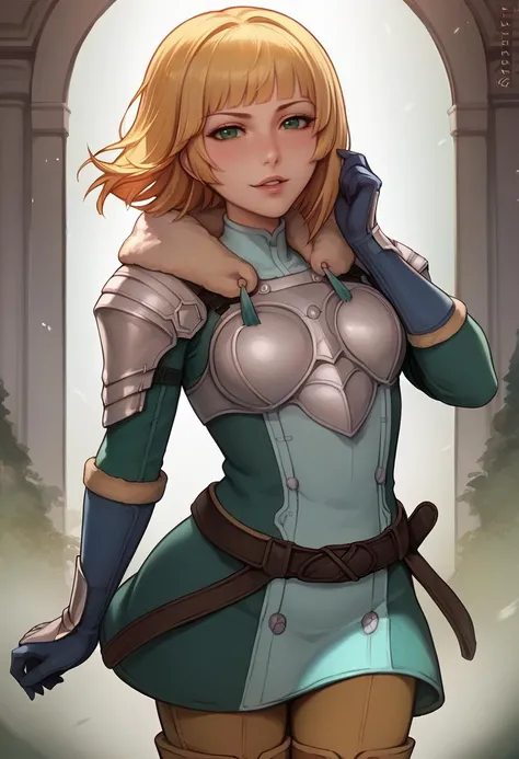 score_9, score_8_up, score_8_up, source_anime BREAK 1girl, solo, <lora:ingrid-pdxl-nvwls-v1:1> hopesingrid, medium hair, bob cut, bangs, shoulder armor, breastplate, green coat, fur trim, gauntlets, blue gloves, belt, green skirt, brown pants, <lora:kittew-artist-richy-v1_pdxl:1> parted lips, naughty face, blush, looking at viewer, standing