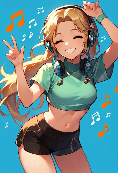 score_9, score_8_up, score_7_up, thigh up, cute, adorable, 1girl, closed eyes, smile, headphones, listening to music, music notes, <lora:ingrid-pdxl-nvwls-v1:1> defIngrid, hot pants, crop top, blue background