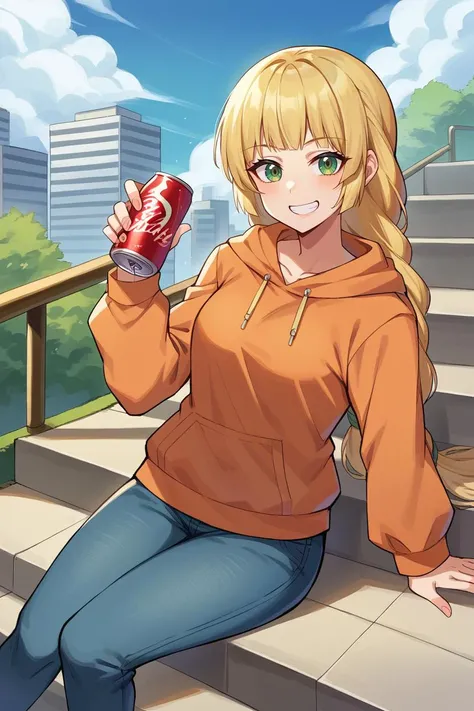 score_9, score_8_up, source_anime, 1girl, solo, asanagi BREAK <lora:ingrid-pdxl-nvwls-v1-000007:0.9> defingrid, bangs, braided ponytail, orange hoodie, jeans, sitting, stairs, grin, looking at viewer, cityscape, holding can of soda