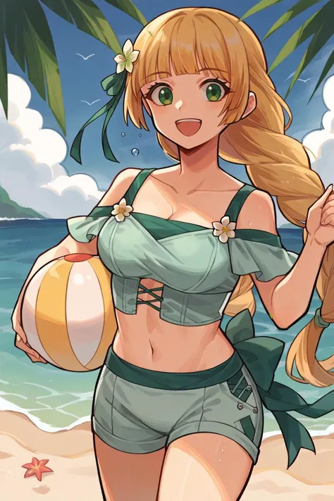 score_9, score_8_up, source_anime, 1girl, solo <lora:ingrid-pdxl-nvwls-v1-000007:0.9> sumingrid, bangs, hair flower, hair ornament, braided ponytail, cleavage, green bikini, off-shoulder, green shorts, green bow, beach, partially submerged, holding beach ball, open mouth, smile, looking at viewer, happy