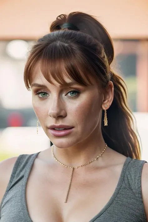 Realistic photo of a beautiful bryc3d-v1 woman, 1girl, solo, brown hair, cleavage, jewelry, green eyes, upper body, ponytail, earrings, parted lips, artist name, grey background, necklace, lips, makeup, freckles, realistic, nose, soft lighting, professional Photography, Photorealistic, detailed, RAW, analog, sharp focus, 8k, HD, DSLR, high quality, Fujifilm XT3, film grain, award winning, masterpiece<lora:bryc3d-v1:1.0>