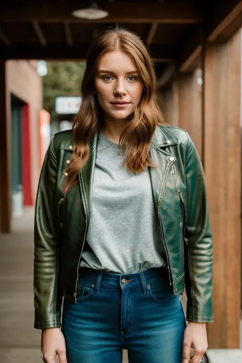 Realistic photo of a beautiful bryc3d-v1 woman, 1girl, solo, long hair, looking at viewer, brown hair, green eyes, jacket, upper body, lips, denim, jeans, realistic, leather jacket, soft lighting, professional Photography, Photorealistic, detailed, RAW, analog, sharp focus, 8k, HD, DSLR, high quality, Fujifilm XT3, film grain, award winning, masterpiece<lora:bryc3d-v1:1.0>