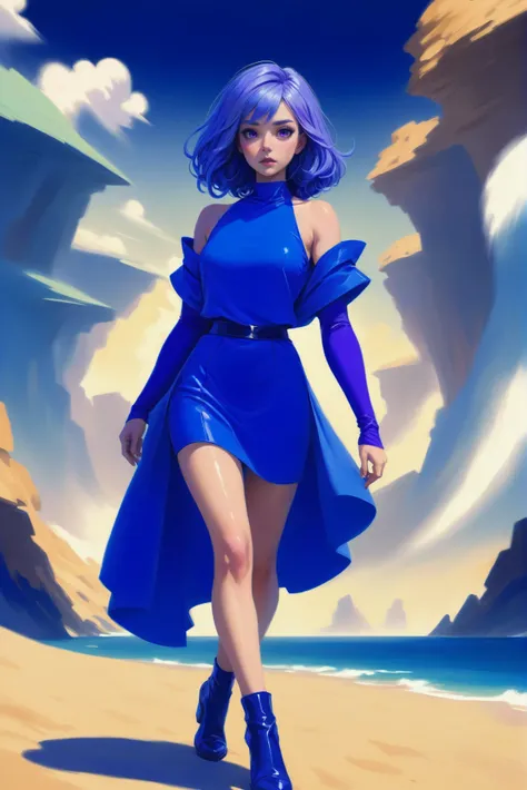 digital painting, 1girl, woman, huntress, infra deep color:mediumseagreen hair, Bob Cut, (full body:1), [:creative costume design:0.2], bombshell hair, sparkling light color:gray and purple hair, Ringlet Curls, athletic hourglass figure, korean, Mirage Desert<lora:EnvyBluesXL01:1>