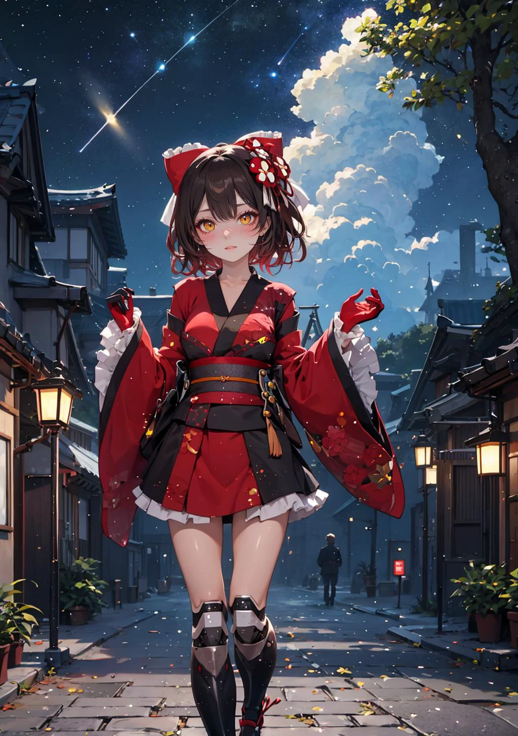 (masterpiece,best quality:1.4), high resolution, Front face lighting
xray girl, full body, little body, cute woman, highlight, fantasy scenery,
full-face blush heavy breathing
shiny skin, shiny hair, large breasts,
yellow eyes,
curly wavy
ccroboco, android, short hair, hair between eyes, gradient hair, hair ornament, hair bow, red bow, mechanical arms, mechanical legs, frills, japanese clothes, red kimono, wide sleeves, obi, sash
outdoors, fantasy scenery, sky, cloud, light particles, star (sky), building, tree, glowing, starry sky, city, night,
<lora:roboco-san_v1:0.9>
<lora:light powder:0.7>