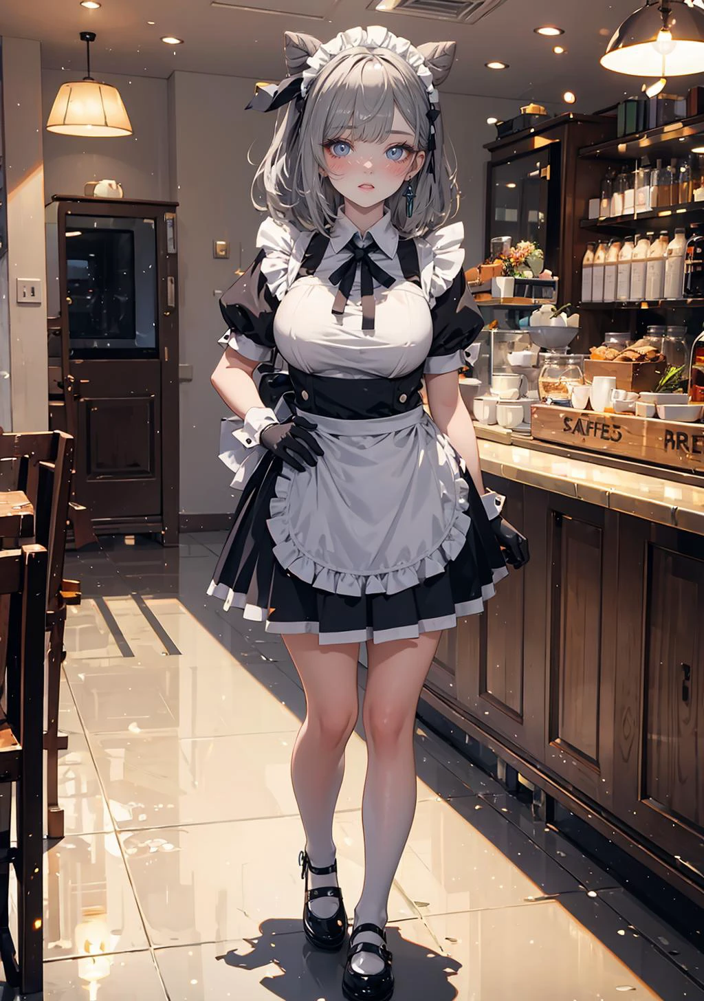 (masterpiece,best quality:1.4), high resolution, Front face lighting
xray girl, full body, little body, cute woman, highlight, fantasy scenery,
full-face blush heavy breathing
shiny skin, shiny hair, large breasts,
vestiadef, braid, cone hair bun, earrings
silk full body suit, silk thigh suit, covered skin, maid apron, maid ribbon, gloves, indoors, cafe,
<lora:light powder:0.7>
<lora:hololive_zeta_v2:0.5>