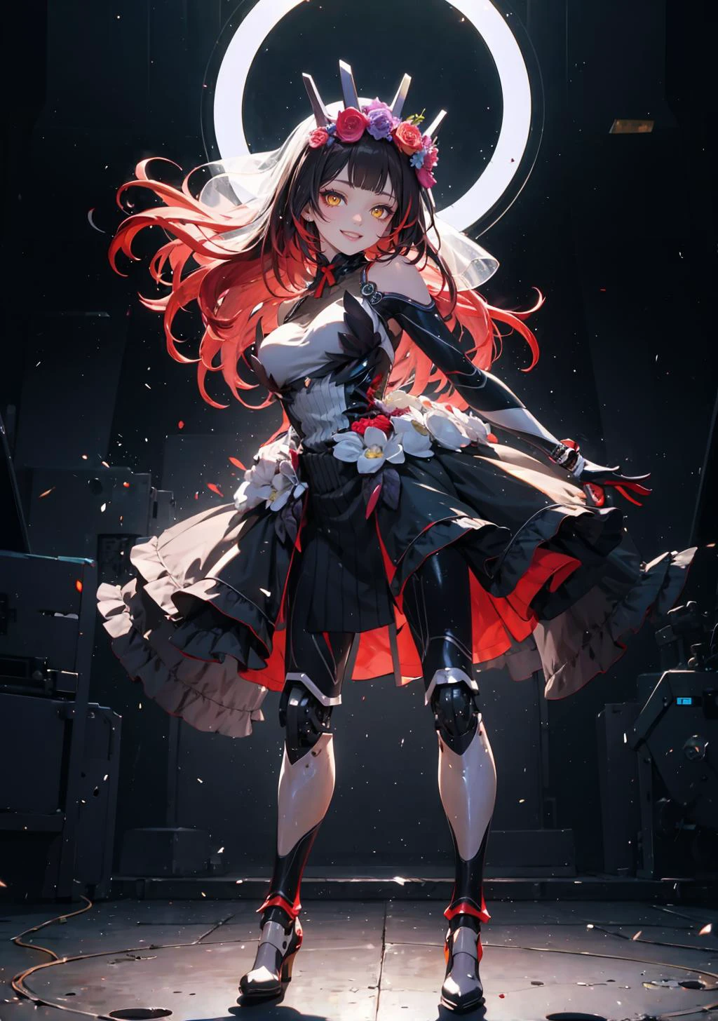 (masterpiece,best quality:1.4), high resolution, Front face lighting
xray girl, full body, little body, cute woman, highlight, fantasy scenery,
smile,
shiny skin, shiny hair, large breasts,
yellow eyes,
neon hair
ddroboco, android, long hair, gradient hair, veil, head wreath, mechanical arms, mechanical legs, black dress
stage, stage lights, dynamic pose, smile, detailed background, floating hair,
<lora:roboco-san_v1:0.9>
<lora:light powder:0.7>