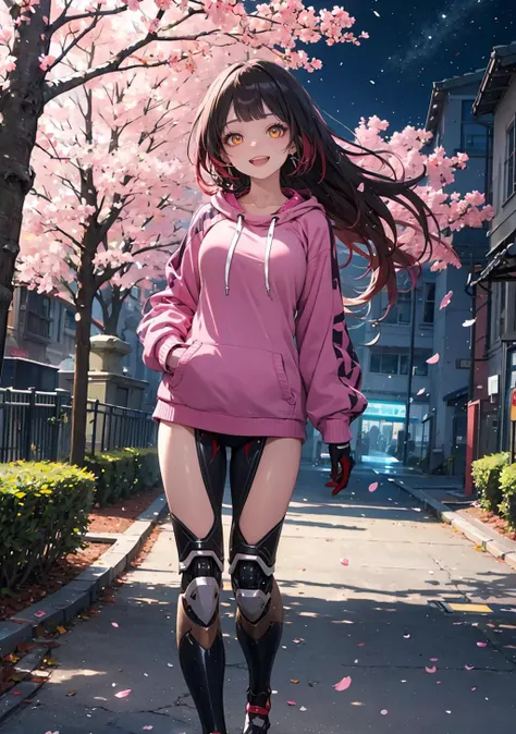 (masterpiece,best quality:1.4), high resolution, Front face lighting
xray girl, full body, little body, cute woman, highlight, fantasy scenery,
smile, open mouth,
shiny skin, shiny hair, large breasts,
yellow eyes,
disheveled hair
aaroboco, android, long hair, gradient hair, mechanical arms, mechanical legs, hood, hood down, pink hoodie, long sleeves
outdoors, cherry blossoms night cloudy sky,
 <lora:roboco-san_v1:0.9> 
<lora:light powder:0.7>