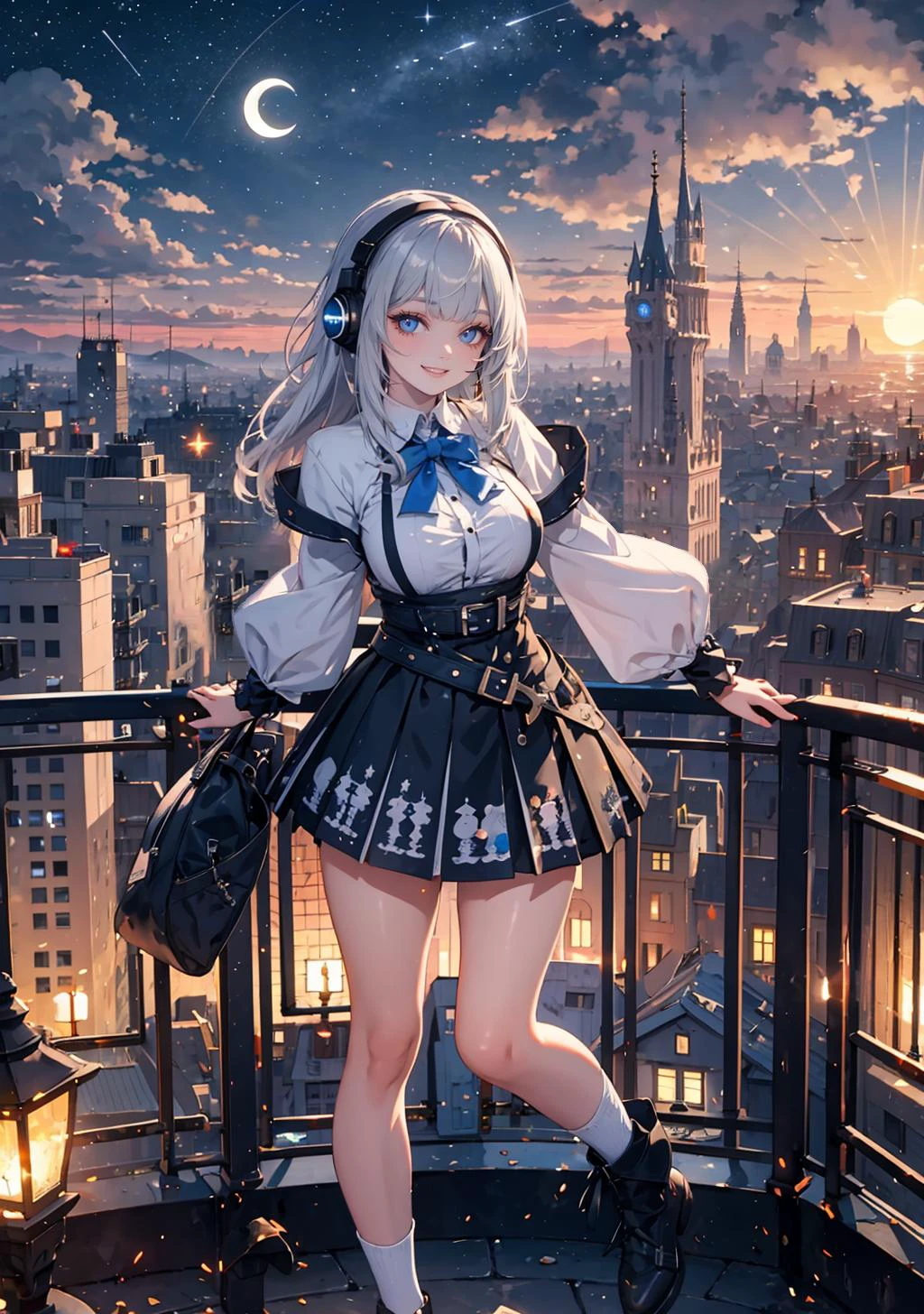 (masterpiece,best quality:1.4), high resolution, Front face lighting
xray girl, full body, little body, cute woman, highlight, fantasy scenery,
smile,
shiny skin, shiny hair, large breasts,
vestia3rd, headphones, white shirt, blue bow, long sleeves, fingerless gloves, black skirt
outdoors, fantasy, scenery, sky, cloud, starry sky, moon, night, fantasy, night sky, city, building, cloudy sky, cityscape, sunset, tower, shooting_star, magic circle,
<lora:light powder:0.7>
<lora:hololive_zeta_v2:0.5>