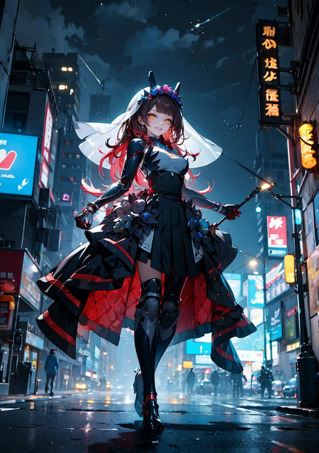 (masterpiece,best quality:1.4), high resolution, Front face lighting
1girl, full body, little body, cute woman, highlight, fantasy scenery,
smile, winking,
shiny skin, shiny hair, large breasts,
lifted by self,
yellow eyes,
ddroboco, android, long hair, gradient hair, veil, head wreath, mechanical arms, mechanical legs, black dress
outdoors, night street, cloudy sky, night city, cyberpunk,
headgear
mecha musume
mechanical parts
robot joints
mechanical arms,
<lora:roboco-san_v1:0.8>
<lora:light powder:0.6>
<lora:fusion_mecha_lora01:0.7>