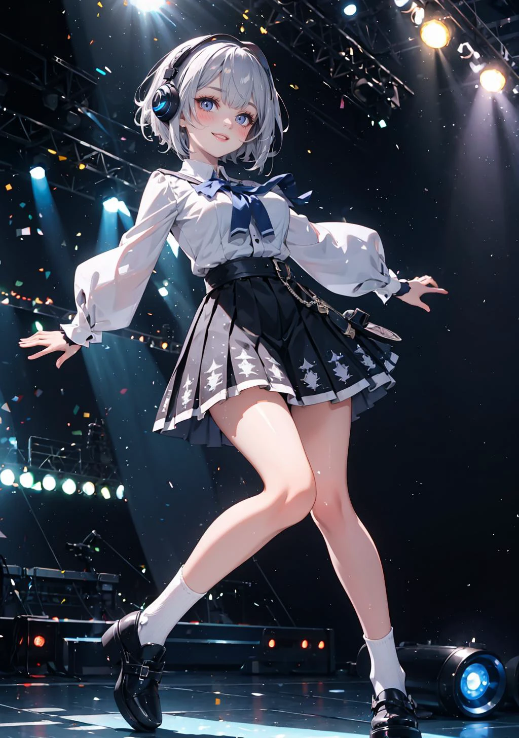 (masterpiece,best quality:1.4), high resolution, Front face lighting
xray girl, full body, little body, cute woman, highlight, fantasy scenery,
smile, blush,
shiny skin, shiny hair, large breasts,
vestia3rd, headphones, white shirt, blue bow, long sleeves, fingerless gloves, black skirt
stage, stage lights, dynamic pose, smile, detailed background, floating hair,
<lora:light powder:0.7>
<lora:hololive_zeta_v2:0.5>