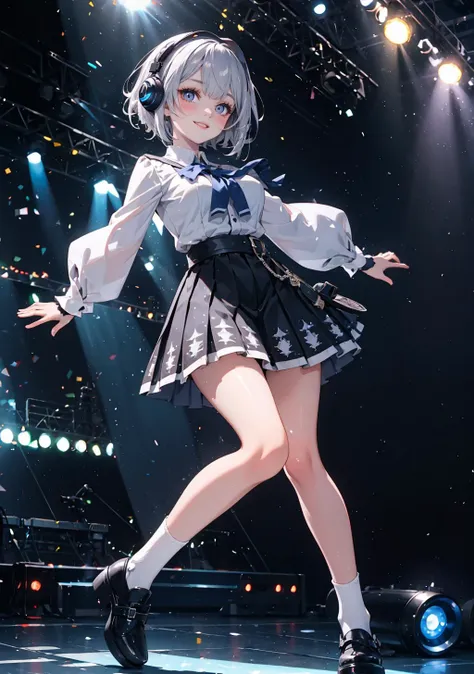 (masterpiece,best quality:1.4), high resolution, Front face lighting
xray girl, full body, little body, cute woman, highlight, fantasy scenery,
smile, blush,
shiny skin, shiny hair, large breasts,
vestia3rd, headphones, white shirt, blue bow, long sleeves, fingerless gloves, black skirt
stage, stage lights, dynamic pose, smile, detailed background, floating hair,
<lora:light powder:0.7>
 <lora:ho****ve_zeta_v2:0.5>