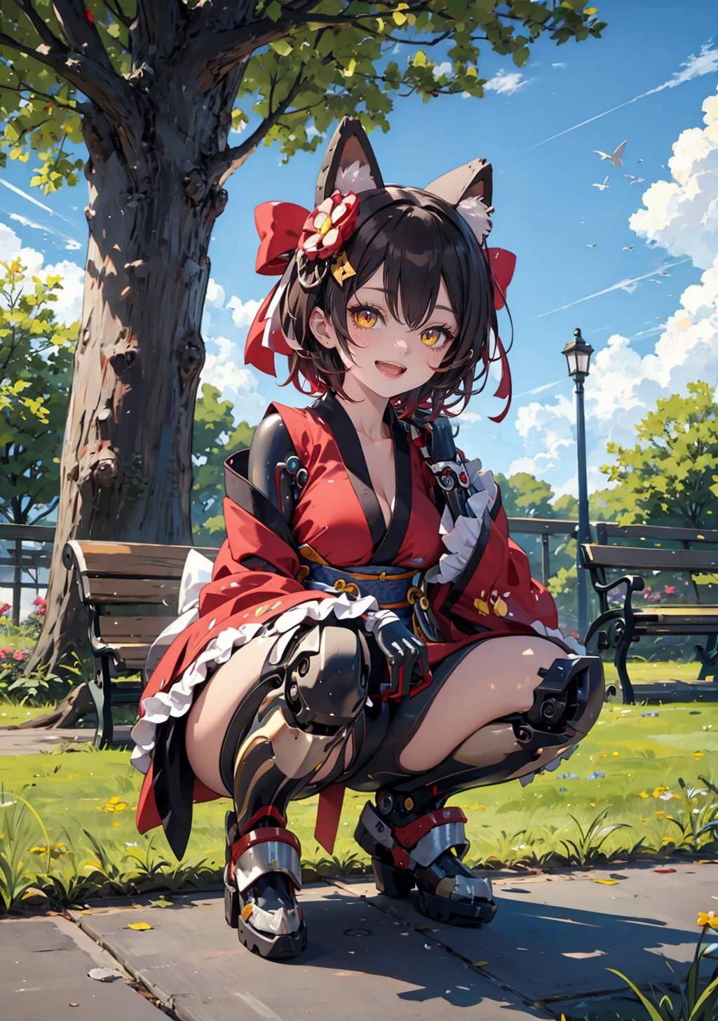(masterpiece,best quality:1.4), high resolution, Front face lighting
1girl, full body, little body, cute woman, highlight, fantasy scenery,
smile, open mouth,
shiny skin, shiny hair, large breasts,
squatting, spread legs,
yellow eyes,
ccroboco, android, short hair, hair between eyes, gradient hair, hair ornament, hair bow, red bow, mechanical arms, mechanical legs, frills, japanese clothes, red kimono, wide sleeves, obi, sash
outdoors, tree, sky, fantasy scenery, day, grass, cloud, blue sky, bush, bench, road, fence scenery, day, grass, cloud, blue sky, bush, bench, road, fence,
headgear
mecha musume
mechanical parts
robot joints
mechanical arms,
<lora:roboco-san_v1:0.8>
<lora:light powder:0.6>
<lora:mecha_offset:0.7>