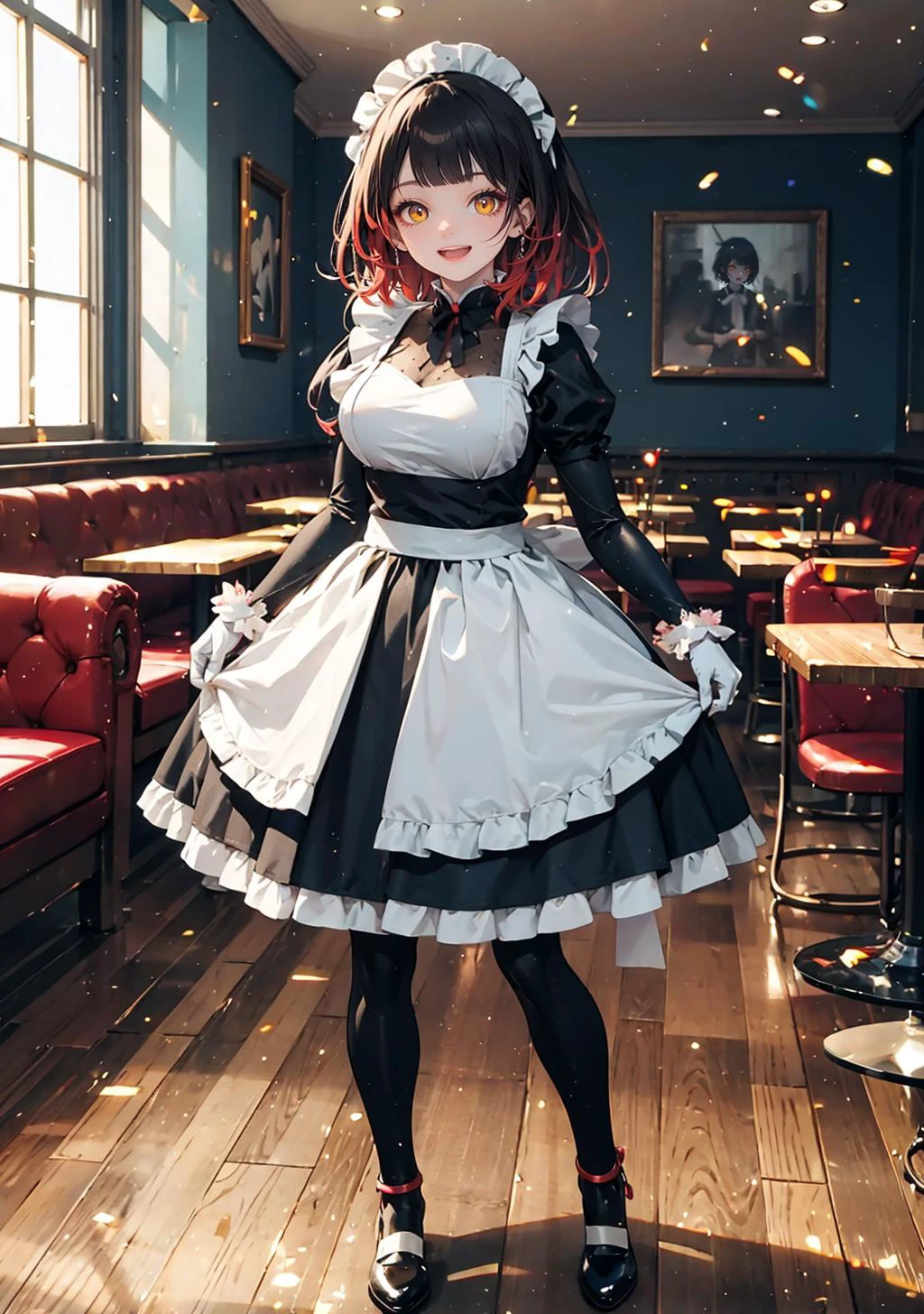 (masterpiece,best quality:1.4), high resolution, Front face lighting
xray girl, full body, little body, cute woman, highlight, fantasy scenery,
smile, open mouth,
shiny skin, shiny hair, large breasts,
yellow eyes,
emo-haired girl with fusion of iridescent color hair and disheveled hair
silk full body suit, silk thigh suit, covered skin, maid apron, maid ribbon, gloves, indoors, cafe,
<lora:roboco-san_v1:0.9>
<lora:light powder:0.7>