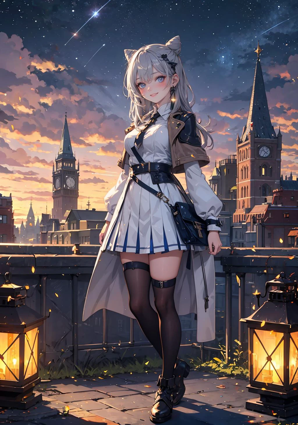 (masterpiece,best quality:1.4), high resolution, Front face lighting
xray girl, full body, little body, cute woman, highlight, fantasy scenery,
smile, blush,
shiny skin, shiny hair, large breasts,
vestiadef, braid, cone hair bun, jacket, white dress, single thighhigh, earrings
outdoors, fantasy scenery, sky, cloud, building, lamppost, sunset, cloudy sky, city, star (sky), tree, cityscape, starry sky, night, tower,
<lora:light powder:0.7>
<lora:hololive_zeta_v2:0.5>